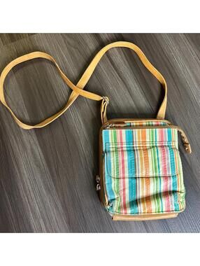 Fossil Multicolor Striped Genuine Leather Crossbody Bag Zip Around Organizer